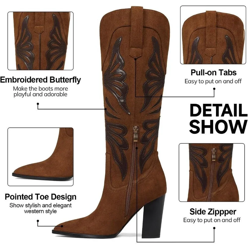 Women's Brown Pointed Toe Chunky High Heels Cowgirl Wide Calf Knee High Boots - Picture 5 of 7
